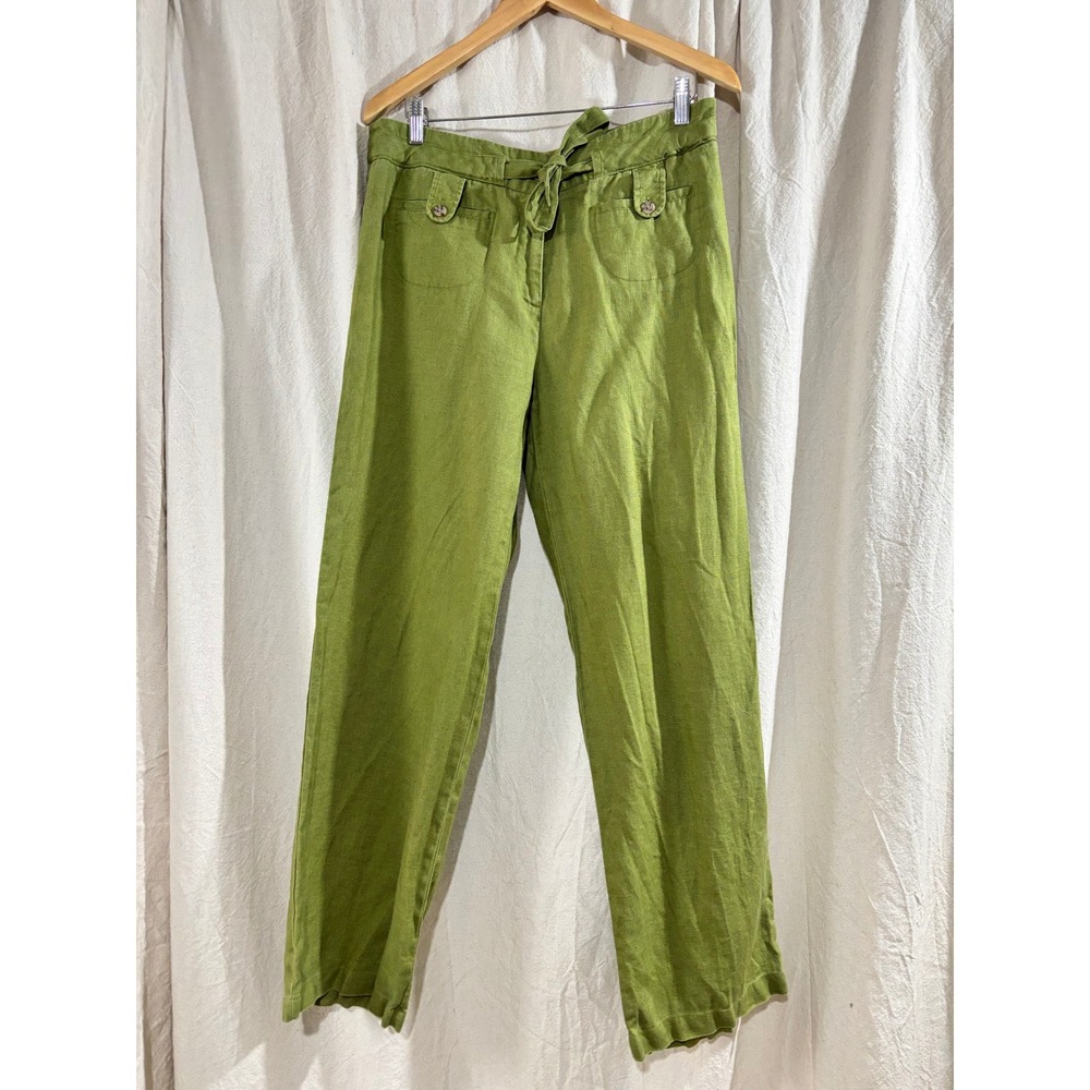 Olive Green 100% Linen Straight Leg Tie Waist Pants Womens 12 Full Length Resort